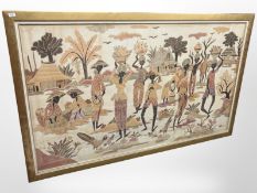 A continental print on canvas depicting figures at a market, 194 cm x 113 cm.