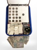 An album of British coins, loose bank notes, cufflinks, etc.