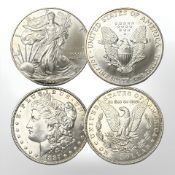 A United States silver eagle one dollar 1999 and another 1887,