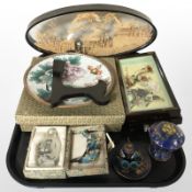 Oriental wares including a cork diorama, a cloisonne plate on stand, further cloisonne items,