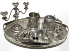A silver plated twin handled oval gallery tray, candelabrum, pewter tankard, pair of sifters,