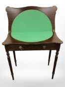 A reproduction mahogany turnover top card table, fitted two drawers, width 79 cm.