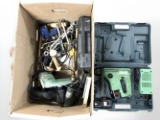 A Hitachi drill in carry case, further power tools and hand tools.