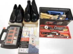 A plastic toolbox and contents, Black & Decker rotary tool, Powerfix paint pump roller system,