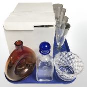 Two boxed Continental sets of six champagne flutes, further four flutes, decanter,