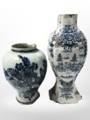 Two 18th century Delft vases, tallest 24 cm.