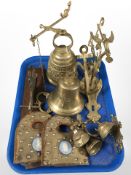 Two brass bells, wall brackets, book slide (as found),