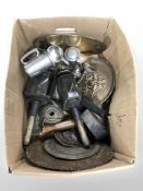 Assorted metal wares, chargers, pair of carriage lamps,