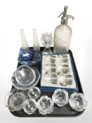 A Continental soda siphon, set of six EPNS mounted glass cups, tea light holders,