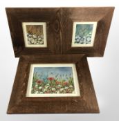 Gordon Robinson : Three paintings on satin all depicting flowers,