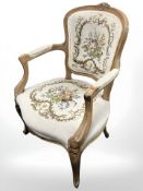 A continental walnut armchair with tapestry fabric,