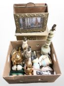 A brass coal bin, mag rack, box of onyx lamp bases, lustre tea china,