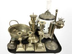 Brass candlesticks, rise and fall lamp, Turkish coffee pot, colander,