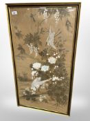 A Japanese silk panel with hand painted decoration depicting birds, 46 cm x 86 cm.