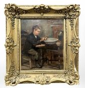 John William Gilroy (1868-1944) : A young boy peeling potatoes at a kitchen table, oil on board,