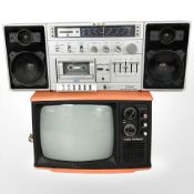 A vintage Studio Portable II television and a Conic four band stereo radio recorder.