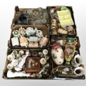 Five boxes containing ceramics, glass, ornamental teapots, etc.