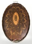 A late Victorian mahogany and satinwood inlaid twin-handled oval serving tray,