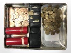 Assorted British three pence, pennies, crowns, etc.