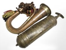 A Pyrene brass fire extinguisher and copper and brass bugle