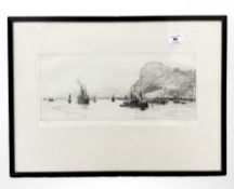 William Lionel Wyllie (1851-1931) : The Rock of Gibraltar with shipping, dry point etching,