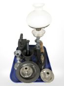 A group of metal wares including pewter candlestick and dish, pair of chamber sticks,