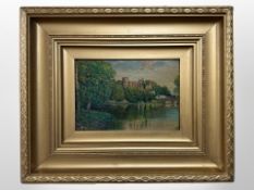 Early Twentieth Century School : A River Scene with Bridge and Castle Beyond, oil on board,