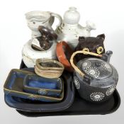 Assorted Scandinavian earthenware items, teapots, jugs, figure of an owl,