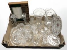 A group of crystal drinking glasses, bowls, vases, pair of candlesticks, etc.