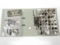 Assorted British and foreign coins including USA, Europe, some enamelled badges and various awards,