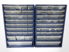 Two enameled metal hardware index chests containing screws, fittings, etc, height 46 cm.