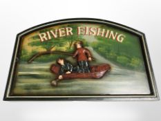 A river fishing painted plaque, width 60 cm.