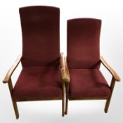 A pair of beech framed fireside chairs