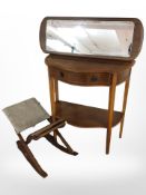 A yew wood side table, fitted a drawer, width 72 cm, together with a stool and a teak mirror.