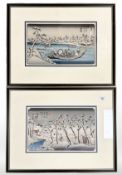 Japanese School : Village scenes in winter, two woodblock prints, framed as a pair,