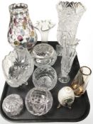 A group of crystal and pressed glass items, vases, rose bowl,