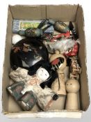 Assorted Japanese wares including dolls, circular lacquered box,