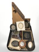A Zither together with a group of antique picture frames, portraits, leaded glass window (AF),