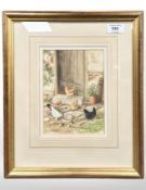 Chris Sparrow (b. 1957- ) : Poultry feeding on a cottage doorstep, watercolour, 19.5 cm x 14 cm.