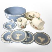 A Wedgwood jasper ware fruit bowl, pin dishes,