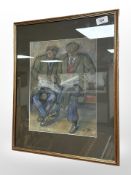 Richard Flynn : Two Men Sitting in a Bar Reading Newspapers, 33 cm x 26 cm, framed.