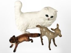 A Beswick fox, fawn and a cat, largest 12.