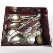 A set of six silver plated Apostle spoons with gilt bowls, silver handled button hook,