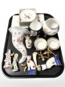 Miscellaneous porcelain figurines, cornucopia vessel, pin dishes, etc.
