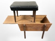 A teak storage table, width 70 cm, together with a vinyl stool.