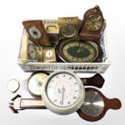 A group of various timepieces, reproduction barometer, etc.