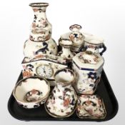 A collection of Masons Mandalay ceramics : ginger jars, mantel time piece, vases,