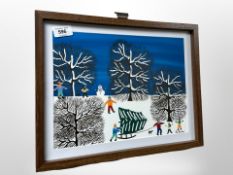 Gordon Barker : Figures collecting a Christmas tree, acrylic, signed, 32 cm x 24 cm.