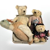A group of vintage mohair teddy bears, mohair duck, Pelham Jerry mouse puppet, etc.