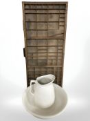 A pottery wash jug, basin and a printers type tray.